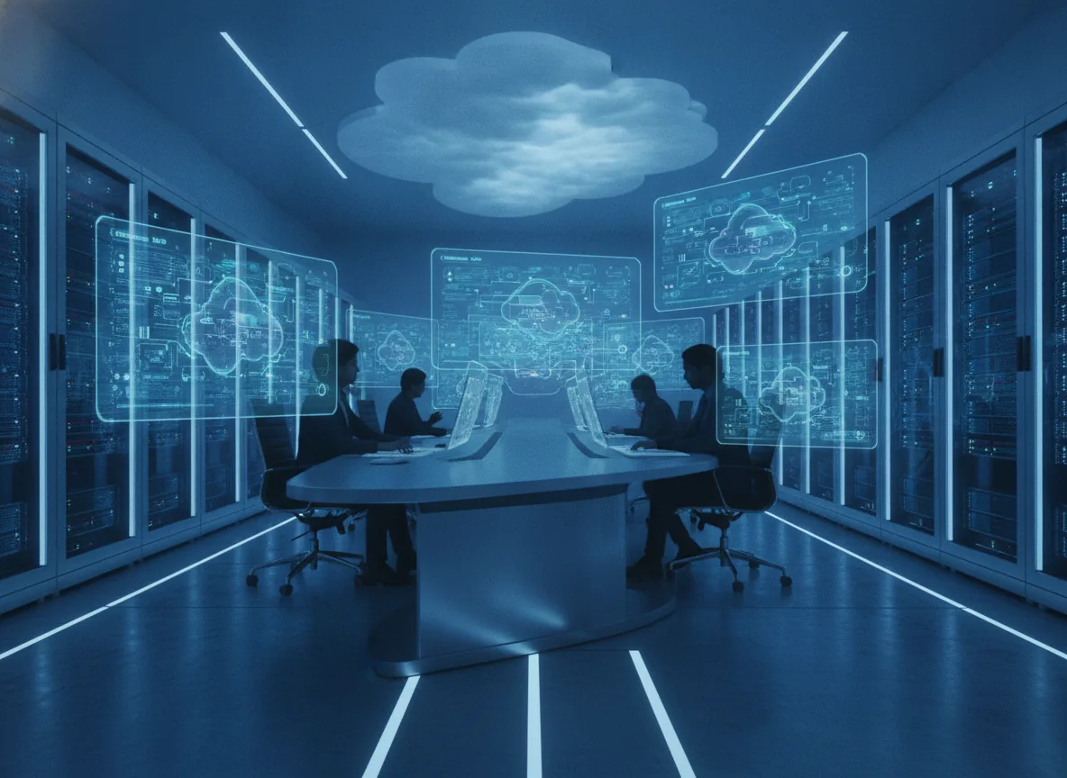 Modern web hosting control room with glowing server